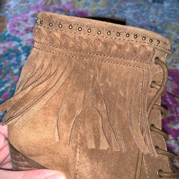 Gianni Bini Fringed Lace Up Ankle Boots Stack Heel - Picture 2 of 10